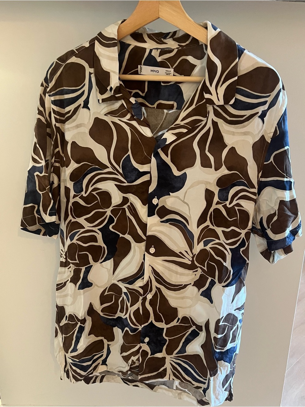 Mango Brown Navy Cream Abstract Floral Button-Up Shirt